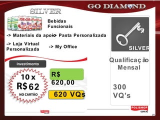 SILVER
Qualificaç ão
Mensal
300
VQ’s
Bebidas
Funcionais
-> Materiais da apoio-> Pasta Personalizada
-> Loja Virtual
Personalizada
-> My Office
62
R$
620,00
620 VQs
 