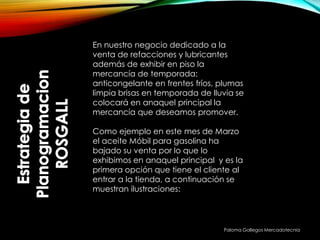 Paloma Gallegos Mercadotecnia
En nuestro negocio dedicado a la
venta de refacciones y lubricantes
además de exhibir en piso la
mercancía de temporada:
anticongelante en frentes fríos, plumas
limpia brisas en temporada de lluvia se
colocará en anaquel principal la
mercancía que deseamos promover.
Como ejemplo en este mes de Marzo
el aceite Móbil para gasolina ha
bajado su venta por lo que lo
exhibimos en anaquel principal y es la
primera opción que tiene el cliente al
entrar a la tienda, a continuación se
muestran ilustraciones:
 