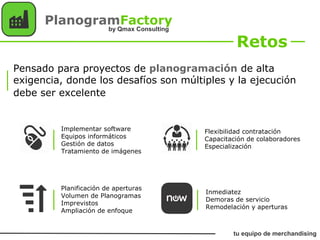 Pensado para proyectos de planogramación de alta
exigencia, donde los desafíos son múltiples y la ejecución
debe ser excelente
Implementar software
Equipos informáticos
Gestión de datos
Tratamiento de imágenes
Flexibilidad contratación
Capacitación de colaboradores
Especialización
Planificación de aperturas
Volumen de Planogramas
Imprevistos
Ampliación de enfoque
Inmediatez
Demoras de servicio
Remodelación y aperturas
Retos
PlanogramFactory
tu equipo de merchandising
by Qmax Consulting
 