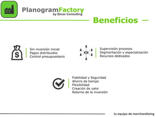Sin inversión inicial
Pagos distribuidos
Control presupuestario
Supervisión procesos
Segmentación y especialización
Recursos dedicados
Fiabilidad y Seguridad
Ahorro de tiempo
Flexibilidad
Creación de valor
Retorno de la inversión
Beneficios
PlanogramFactory
tu equipo de merchandising
by Qmax Consulting
 