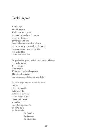 Teclas negras

Tinta negra
Medias negras
Y al mirar hacia atrás
las tardes se vuelven de coraje
como un desnudo
gato negro que cae
dentro de unas manchas blancas
en las tardes que se vuelven de coraje
para un nombre que se escribe
con leche tibia
sobre una mesa fría

Preparándose para escribir una partitura blanca
con leche negra
Teclas negras
Uñas negras
Tinta negra sobre dos pianos
Máquina de escribir
que toca una melodía que me dolía

La tecla negra que da el medio tono
marca
el medio sentido
del medio día
del medio hermano
la medio hermana
otro medio tono
a medias
bemol de mi corazón
en clave de fa
en llave de fa
               de fastidios
               de fantasías
               de fantasmas

                                      27
 