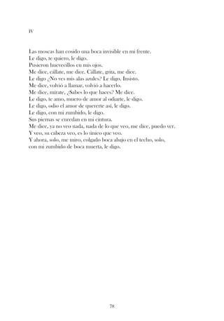 IV



Las moscas han cosido una boca invisible en mi frente.
Le digo, te quiero, le digo.
Pusieron huevecillos en mis ojos.
Me dice, cállate, me dice. Cállate, grita, me dice.
Le digo ¿No ves mis alas azules? Le digo. Insisto.
Me dice, volvió a llamar, volvió a hacerlo.
Me dice, mírate, ¿Sabes lo que haces? Me dice.
Le digo, te amo, muero de amor al odiarte, le digo.
Le digo, odio el amor de quererte así, le digo.
Le digo, con mi zumbido, le digo.
Sus piernas se enredan en mi cintura.
Me dice, ya no veo nada, nada de lo que veo, me dice, puedo ver.
Y veo, su cabeza veo, es lo único que veo.
Y ahora, solo, me miro, colgado boca abajo en el techo, solo,
con mi zumbido de boca muerta, le digo.




                                   78
 