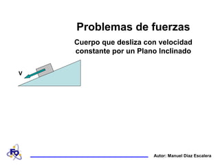 Problemas de fuerzas
    Cuerpo que desliza con velocidad
    constante por un Plano Inclinado

V




                         Autor: Manuel Díaz Escalera
 