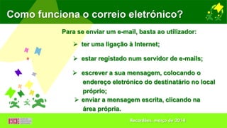 Como funciona o correio eletrónico?
Para se enviar um e-mail, basta ao utilizador:
 estar registado num servidor de e-mails;
 escrever a sua mensagem, colocando o
endereço eletrónico do destinatário no local
próprio;
 enviar a mensagem escrita, clicando na
área própria.
 ter uma ligação à Internet;
Recardães, março de 2014
 