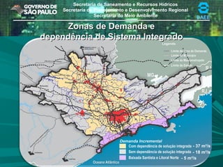 Secretaria de Saneamento e Recursos Hídricos
Secretaria de Planejamento e Desenvolvimento Regional
Secretaria do Meio Ambiente DAEE
Zonas de Demanda eZonas de Demanda e
dependência de Sistema Integradodependência de Sistema Integrado
- 37 m³/s
- 18 m³/s
- 5 m³/s
 