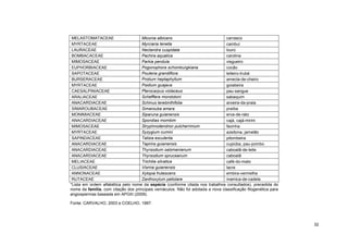 32 
MELASTOMATACEAE 
Miconia albicans 
carrasco 
MYRTACEAE 
Myrciaria tenella 
cambuí 
LAURACEAE 
Nectandra cuspidata 
louro 
BOMBACACEAE 
Pachira aquatica 
carolina 
MIMOSACEAE 
Parkia pendula 
visgueiro 
EUPHORBIACEAE 
Pogonophora schomburgkiana 
cocão 
SAPOTACEAE 
Pouteria grandiflora 
leiteiro-trubá 
BURSERACEAE 
Protium heptaphyllum 
amecla-de-cheiro 
MYRTACEAE 
Psidium guajava 
goiabeira 
CAESALPINIACEAE 
Pterocarpus violaceus 
pau-sangue 
ARALIACEAE 
Schefflera morototoni 
sabaquim 
ANACARDIACEAE 
Schinus terebinthifolia 
aroeira-da-praia 
SIMAROUBACEAE 
Simarouba amara 
praíba 
MONIMIACEAE 
Siparuna guianensis 
erva-de-rato 
ANACARDIACEAE 
Spondias mombim 
cajá, cajá-mirim 
MIMOSACEAE 
Stryphnodendron pulcherrimum 
favinha 
MYRTACEAE 
Syzygium cumini 
azeitona, jamelão 
SAPINDACEAE 
Talisia esculenta 
pitombeira 
ANACARDIACEAE 
Tapirira guianensis 
cupiúba, pau-pombo 
ANACARDIACEAE 
Thyrsodium salzmanianum 
caboatã-de-leite 
ANACARDIACEAE 
Thyrsodium spruceanum 
caboatã 
MELIACEAE 
Trichilia silvatica 
café-do-mato 
CLUSIACEAE 
Vismia guianensis 
lacre 
ANNONACEAE 
Xylopia frutescens 
embira-vermelha 
RUTACEAE 
Zanthoxylum petiolare 
mamica-de-cadela 
*Lista em ordem alfabética pelo nome da espécie (conforme citada nos trabalhos consultados), precedida do nome da família, com citação dos principais vernáculos. Não foi adotada a nova classificação filogenética para angiospermas baseada em APGIII (2009). 
Fonte: CARVALHO, 2003 e COELHO, 1997.  