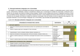58 
E. Educação Ambiental e Integração com a Comunidade 
Diz respeito a um conjunto de atividades que propiciam processos por meio dos quais o cidadão e a coletividade possam construir valores sociais, conhecimentos, habilidades, atitudes e competências voltadas para a conservação da unidade de conservação, contribuindo para o fomento de uma atuação comunitária em defesa da área protegida. Também envolve medidas para promover a integração econômica e social das comunidades vizinhas, assegurando uma relação amistosa entre elas e a área protegida promovendo praticas sociais que contribuam para o fomento de uma atuação comunitária em defesa da unidade de conservação. Este eixo temático envolve os seguintes dois programas: o de Educação Ambiental e o de Comunicação e Integração com a Comunidade, cujas atividades são apresentadas a seguir: 
Quadro XIII - Educação ambiental e integração com a comunidade 
PROGRAMAS DE ATIVIDADES PARA A GESTÃO 
RESPONSÁVEL 
ANO 
I 
II 
III 
IV I. EDUCAÇÃO AMBIENTAL 
 Desenvolver campanhas educativas relacionadas aos temas: lixo e queimadas para a comunidade de entorno. 
CPRH/PMO A 
 Elaborar e implantar projeto para a realização de Trilhas monitoradas. 
CPRH/PMO e 1ª CIPOMA 
I 
 Implantar/equipar o Centro de visitação (videoteca, biblioteca, exposições, etc.). 
CPRH/PMO A 
 Desenvolver atividades de Arte-educação (teatro, oficinas de reciclados, contação de história, etc.). 
CPRH/PMO A 
 Elaborar e implantar projetos para o envolvimento e participação das Escolas do entorno nas atividades da UC. 
CPRH/PMO e Ass. Educacional de Passarinho 
I 
 Elaborar e implantar projetos sobre produção e utilização de plantas medicinais. 
CPRH/PMO e Segmento Religioso 
I II. COMUNICAÇÃO E INTEGRAÇÃO COM A COMUNIDADE 
 Resgatar e atualizar a marca da Mata de Passarinho. 
CPRH/PMO 
A 
 Elaborar peças de comunicação sobre Reserva de Floresta Urbana Mata de Passarinho para informação e sensibilização da comunidade e usuários da UC. 
CPRH/PMO 
A  