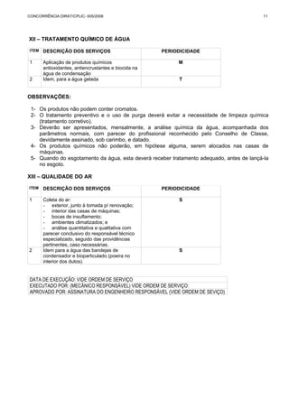 CONCORRÊNCIA DIRAT/CPLIC- 005/2006 11 
XII – TRATAMENTO QUÍMICO DE ÁGUA 
ITEM DESCRIÇÃO DOS SERVIÇOS PERIODICIDADE 
1 Aplicação de produtos químicos 
antioxidantes, antiencrustantes e biocida na 
água de condensação 
M 
2 Idem, para a água gelada T 
OBSERVAÇÕES: 
1- Os produtos não podem conter cromatos. 
2- O tratamento preventivo e o uso de purga deverá evitar a necessidade de limpeza química 
(tratamento corretivo). 
3- Deverão ser apresentados, mensalmente, a análise química da água, acompanhada dos 
parâmetros normais, com parecer do profissional reconhecido pelo Conselho de Classe, 
devidamente assinado, sob carimbo, e datado. 
4- Os produtos químicos não poderão, em hipótese alguma, serem alocados nas casas de 
máquinas. 
5- Quando do esgotamento da água, esta deverá receber tratamento adequado, antes de lançá-la 
no esgoto. 
XIII – QUALIDADE DO AR 
ITEM DESCRIÇÃO DOS SERVIÇOS PERIODICIDADE 
1 Coleta do ar: 
- exterior, junto à tomada p/ renovação; 
- interior das casas de máquinas; 
- bocas de insuflamento; 
- ambientes climatizados; e 
- análise quantitativa e qualitativa com 
parecer conclusivo do responsável técnico 
especializado, seguido das providências 
pertinentes, caso necessárias. 
S 
2 Idem para a água das bandejas de 
condensador e bioparticulado (poeira no 
interior dos dutos). 
S 
DATA DE EXECUÇÃO: VIDE ORDEM DE SERVIÇO 
EXECUTADO POR: (MECÂNICO RESPONSÁVEL) VIDE ORDEM DE SERVIÇO: 
APROVADO POR: ASSINATURA DO ENGENHEIRO RESPONSÁVEL (VIDE ORDEM DE SEVIÇO) 
 