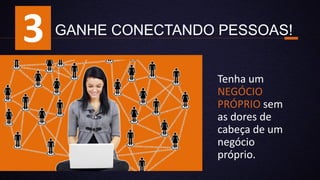 GANHE CONECTANDO PESSOAS!
Tenha um
NEGÓCIO
PRÓPRIO sem
as dores de
cabeça de um
negócio
próprio.
3
 