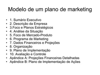 Modelo de um plano de marketing 1. Sumário Executivo 2. Descrição da Empresa 3.Foco e Planos Estratégicos 4. Análise da Situação 5. Foco de Mercado-Produto 6. Programa de Marketing 7. Dados Financeiros e Projeções 8. Organização 9. Plano de Implementação 10. Avaliação e Controle Apêndice A: Projeções Financeiras Detalhadas Apêndice B: Plano de Implementação de Ações 