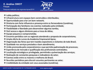 E. Análise SWOT
Forças
 Lobby político;
 Infraestrutura com espaços bem construídos e distribuídos;
 Oportunidade para criar um bom network;
 Diretoria com forte influencia e presença entre os fornecedores (Londrina);
 Participação dos familiares nos eventos realizados pela entidade;
 Flexibilidade e liberdade para desenvolver algumas tarefas;
 Fácil acesso a alguns diretores para a troca de idéias;
 Equipe pequena e comprometida;
 Encontro periódico com as regionais atendendo a proposta de corporativismo;
 Ampla oferta de cursos da Academia Empresarial Apras;
 Organização das feiras que tem trazidos expositores e visitantes de todo Brasil;
 Qualidade nos serviços prestados e bom atendimento;
 União promovida pelo corporativismo e que permite padronização de processos;
 Experiência de mercado e qualificação dos profissionais contratados;
 Localização estratégica e privilegiada, permitindo a pulverização dos serviços;
 Realização de constantes pesquisas e indicadores do setor;
 Eventos estão entre os maiores e melhores do Brasil;
 Reuniões periódicas para discutir assuntos pertinentes ao setor;
 Credibilidade da entidade com seus associados (Londrina);
Pesquisa realizada nas regionais Apras/2010
 
