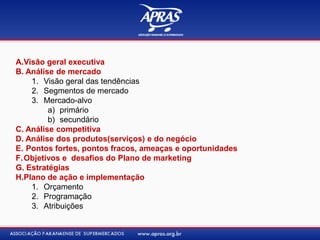 A.Visão geral executiva
B. Análise de mercado
1. Visão geral das tendências
2. Segmentos de mercado
3. Mercado-alvo
a) primário
b) secundário
C. Análise competitiva
D. Análise dos produtos(serviços) e do negócio
E. Pontos fortes, pontos fracos, ameaças e oportunidades
F.Objetivos e desafios do Plano de marketing
G. Estratégias
H.Plano de ação e implementação
1. Orçamento
2. Programação
3. Atribuições
 