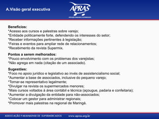 Benefícios:
*Acesso aos cursos e palestras sobre varejo;
*Entidade politicamente forte, defendendo os interesses do setor;
*Receber informações pertinentes à legislação;
*Feiras e eventos para ampliar rede de relacionamentos;
*Recebimento da revista Supermix.
Pontos a serem melhorados:
*Pouco envolvimento com os problemas dos varejistas;
*Não agrega em nada (citação de um associado).
Sugestões:
*Foco no apoio jurídico e legislativo ao invés de assistencialismo social;
*Aumentar a base de associados, inclusive do pequeno varejo;
*Tornar-se representativo legalmente;
*Divulgar na revista os supermercados menores;
*Mais cursos voltados à área contábil e técnica (açougue, padaria e confeitaria);
*Aumentar a divulgação da entidade para não-associados;
*Colocar um gestor para administrar regionais;
*Promover mais palestras na regional de Maringá.
A.Visão geral executiva
 