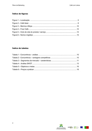 Plano de Marketing Café com Letras
2
Índice de figuras
Figura 1 – Localização. ..................................................................................................5
Figura 2 – Café Ideal......................................................................................................9
Figura 3 – Menina e Moça............................................................................................10
Figura 4 – Fnac Café....................................................................................................10
Figura 5 – Ciclo de vida do produto / serviço................................................................14
Figura 6 – Nome e logótipo. .........................................................................................15
Índice de tabelas
Tabela 1 - Concorrência – análise................................................................................10
Tabela 2 - Concorrência – vantagens competitivas. .....................................................10
Tabela 3 – Segmentos de mercado – caraterísticas.....................................................11
Tabela 4 – Análise SWOT. ...........................................................................................13
Tabela 5 – Objetivos e metas.......................................................................................16
Tabela 6 – Preços a praticar.........................................................................................18
 