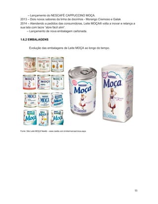 11
– Lançamento do NESCAFÉ CAPPUCCINO MOÇA.
2013 – Dois novos sabores da linha de docinhos - Morango Cremoso e Galak
2014 – Atendendo a pedidos das consumidoras, Leite MOÇA® volta a inovar e relança a
sua lata com lacre “abre fácil slim”.
– Lançamento de nova embalagem cartonada.
1.6.2 EMBALAGENS
Evolução das embalagens de Leite MOÇA ao longo do tempo.
Fonte: Site Leite MOÇA Nestlé – www.nestle.com.br/site/marcas/moca.aspx
 