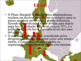 Efeitos O Plano Marshall instituído pelos estadunidenses resultou em incrível crescimento econômico para os países europeus envolvidos e grande influencia, fazendo os beneficiados terem dividas para depois paga-las. A produção industrial cresceu 35%, e a produção agrícola havia superado níveis dos anos pré-guerra. O comunismo passou a ser considerado pelos dirigentes da Europa Ocidental como uma ameaça menor, e a popularidade dos partidos ou organizações comunistas na região caiu bastante. 
