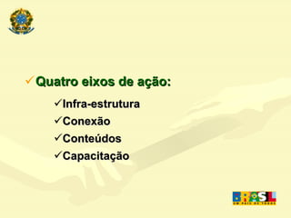 Quatro eixos de ação: Infra-estrutura Conexão Conteúdos Capacitação 