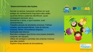 Desenvolvimento das Ações:
Sondar os alunos, buscando verificar em qual
estágio do conhecimento linguístico eles estão
(quantas letras e palavras identificam, quais
conseguem escrever, etc.);
Apresentar o tema, o que é poesia, suas
características;
Trabalhe através de atividades diversas: Folhear
revistas, escrita espontânea, roda de leituras,
músicas, filmes, brincadeiras dirigidas;
Ilustração das leituras;
Recorte e colagem que forme uma poesia (trabalho
conjunto, em equipe);
Utilize de cantigas e paródias das próprias músicas
que eles cantam;
Explore rimas através de brincadeiras;
 