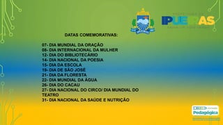 DATAS COMEMORATIVAS:
07- DIA MUNDIAL DA ORAÇÃO
08- DIA INTERNACIONAL DA MULHER
12- DIA DO BIBLIOTECÁRIO
14- DIA NACIONAL DA POESIA
15- DIA DA ESCOLA
19- DIA DE SÃO JOSÉ
21- DIA DA FLORESTA
22- DIA MUNDIAL DA ÁGUA
26- DIA DO CACAU
27- DIA NACIONAL DO CIRCO/ DIA MUNDIAL DO
TEATRO
31- DIA NACIONAL DA SAÚDE E NUTRIÇÃO
 