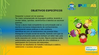 OBJETIVOS ESPECÍFICOS
Despertar o prazer em ler poemas;
Ter maior compreensão da linguagem poética, levando a
revelar idéias, opiniões, sentimentos e talentos ao escrever
poemas;
Tornar o aluno mais competente na comunicação oral e
escrita e na busca independente de conhecimentos
relacionando essas práticas à vida cotidiana;
Identificar-se com os sentimentos nas poesias lidas;
Assegurar a função social da escrita, fazendo com que os
poemas produzidos pelo aluno tenham um leitor real, pois
serão expostos em varais e murais. Alguns poemas serão
selecionados para fazerem parte de uma coletânea e
participarem do Concurso de Intérpretes;
Valorizar os resultados do trabalho individual e coletivo,
celebrando o sucesso alcançado.
 