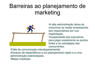 Barreiras ao planejamento de marketing A alta administração deixa de comunicar as metas empresariais aos responsáveis por sua implantação. Incapacidade dos executivos para julgar exatamente os pontos fortes e as estratégias dos concorrentes. Falta de comunicação interdepartamental. Excesso de dependência a um planejamento rígido e a uma administração estereotipada. Metas irrealistas. 