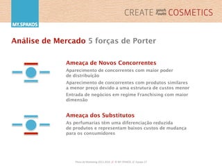 Plano	
  de	
  Marke,ng	
  2013-­‐2016	
  	
  //	
  	
  ©	
  MY.SPAKOS	
  	
  //	
  	
  Equipa	
  27	
  
Análise de Mercado 5 forças de Porter
Ameaça de Novos Concorrentes
Aparecimento de concorrentes com maior poder
de distribuição
Aparecimento de concorrentes com produtos similares
a menor preço devido a uma estrutura de custos menor
Entrada de negócios em regime Franchising com maior
dimensão
Ameaça dos Substitutos
As perfumarias têm uma diferenciação reduzida
de produtos e representam baixos custos de mudança
para os consumidores
 