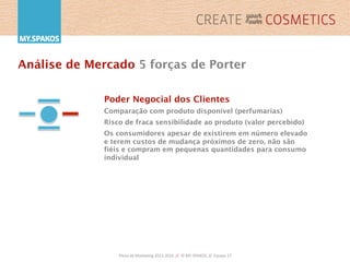 Plano	
  de	
  Marke,ng	
  2013-­‐2016	
  	
  //	
  	
  ©	
  MY.SPAKOS	
  	
  //	
  	
  Equipa	
  27	
  
Análise de Mercado 5 forças de Porter
Poder Negocial dos Clientes
Comparação com produto disponível (perfumarias)
Risco de fraca sensibilidade ao produto (valor percebido)
Os consumidores apesar de existirem em número elevado
e terem custos de mudança próximos de zero, não são
fiéis e compram em pequenas quantidades para consumo
individual
 