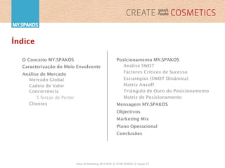 Plano	
  de	
  Marke,ng	
  2013-­‐2016	
  	
  //	
  	
  ©	
  MY.SPAKOS	
  	
  //	
  	
  Equipa	
  27	
  
Posicionamento MY.SPAKOS
Análise SWOT
Factores Críticos de Sucesso
Estratégias (SWOT Dinâmica)
Matriz Ansoff
Triângulo de Ouro do Posicionamento
Matriz de Posicionamento
Mensagem MY.SPAKOS
Objectivos
Marketing Mix
Plano Operacional
Conclusões
O Conceito MY.SPAKOS
Caracterização do Meio Envolvente
Análise de Mercado
Mercado Global
Cadeia de Valor
Concorrência
5 forças de Porter
Clientes
Índice
 