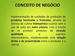 CONCEITO DE NEGÓCIO
2
Implementação de unidades de produção de
produtos hortícolas e frutícolas, através da
técnica de cultivo hidropónico (cultivo sem o
uso de solo) em meio urbano, com o intuito
de se produzir produtos de elevada
qualidade e suprimir
intermediários, estabelecendo uma relação
direta e de proximidade entre o produtor e o
cliente.
 