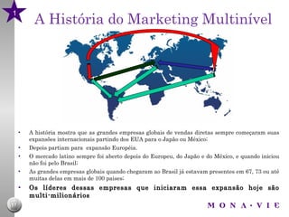 A história mostra que as grandes empresas globais de vendas diretas sempre começaram suas expansões internacionais partindo dos EUA para o Japão ou México; Depois partiam para  expansão Européia.  O mercado latino sempre foi aberto depois do Europeu, do Japão e do México, e quando iniciou não foi pelo Brasil; As grandes empresas globais quando chegaram ao Brasil já estavam presentes em 67, 73 ou até muitas delas em mais de 100 paises; Os líderes dessas empresas que iniciaram essa expansão hoje são multi-milionários A História do Marketing Multinível 1 