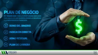 08
PLAN DE NEGÓCIOPLAN DE NEGÓCIO
MY TRADER COIN TIENE LA OPORTUNIDAD ADECUADA
PARA AQUELLOS QUE QUIEREN LOGRAR LA SEGURIDAD
Y LA INDEPENDENCIA FINANCIERA.
MY TRADER COIN TIENE LA OPORTUNIDAD ADECUADA
PARA AQUELLOS QUE QUIEREN LOGRAR LA SEGURIDAD
Y LA INDEPENDENCIA FINANCIERA.
BONO DEL BINÁRIO
INDICACÓN DIRECTA
BONO RESIDUAL
PLAN DE CARRERA
BONO DEL BINÁRIO
INDICACÓN DIRECTA
BONO RESIDUAL
PLAN DE CARRERA
1
2
3
4
1
2
3
4
 