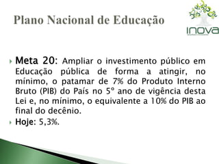  Meta 20: Ampliar o investimento público em 
Educação pública de forma a atingir, no 
mínimo, o patamar de 7% do Produto Interno 
Bruto (PIB) do País no 5º ano de vigência desta 
Lei e, no mínimo, o equivalente a 10% do PIB ao 
final do decênio. 
 Hoje: 5,3%. 
 