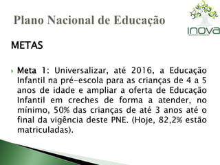 METAS 
 Meta 1: Universalizar, até 2016, a Educação 
Infantil na pré-escola para as crianças de 4 a 5 
anos de idade e ampliar a oferta de Educação 
Infantil em creches de forma a atender, no 
mínimo, 50% das crianças de até 3 anos até o 
final da vigência deste PNE. (Hoje, 82,2% estão 
matriculadas). 
 