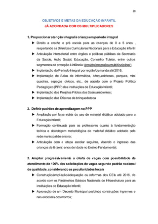 28 
OBJETIVOS E METAS DA EDUCAÇÃO INFANTIL 
JÁ ACORDADA COM OS MULTIPLICADORES 
1. Proporcionar atenção integral à criança em período integral 
 Direito a creche e pré escola para as crianças de 0 a 5 anos , 
respeitando as Diretrizes Curriculares Nacionais para a Educação Infantil 
 Articulação intersetorial entre órgãos e políticas públicas da Secretaria 
da Saúde, Ação Social, Educação, Conselho Tutelar, entre outros 
segmentos de proteção à infância; (projeto integral ou multidisciplinar) 
 Implantação do Período Integral por região/demanda até 2016; 
 Implantação de Salas de informática, brinquedotecas, parques, mini 
quadras, espaços cívicos, etc., de acordo com o Projeto Político 
Pedagógico (PPP) das instituições de Educação Infantil; 
 Implantação dos Projetos Pilotos das Salas ambientes; 
 Implantação das Oficinas de brinquedoteca 
2. Definir padrões de aprendizagem no PPP 
 Ampliação por faixa etária do uso de material didático adotado para a 
Educação Infantil; 
 Formação continuada para os professores quanto à fundamentação 
teórica e abordagem metodológica do material didático adotado pela 
rede municipal de ensino; 
 Articulação com a etapa escolar seguinte, visando o ingresso das 
crianças de 6 (seis) anos de idade no Ensino Fundamental; 
3. Ampliar progressivamente a oferta de vagas com possibilidade de 
atendimento de 100% das solicitações de vagas segundo padrão nacional 
de qualidade, considerando as peculiaridades locais 
 Construção/ampliação/adequação ou reformas dos CEIs até 2016, de 
acordo com os Parâmetros Básicos Nacionais de Infraestrutura para as 
instituições de Educação Infantil; 
 Aprovação de um Decreto Municipal proibindo construções íngremes e 
nas encostas dos morros; 
 