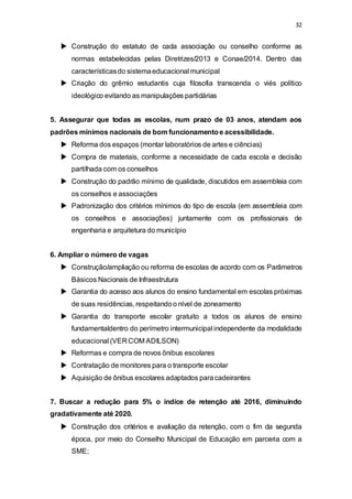 32 
 Construção do estatuto de cada associação ou conselho conforme as 
normas estabelecidas pelas Diretrizes/2013 e Conae/2014. Dentro das 
características do sistema educacional municipal 
 Criação do grêmio estudantis cuja filosofia transcenda o viés político 
ideológico evitando as manipulações partidárias 
5. Assegurar que todas as escolas, num prazo de 03 anos, atendam aos 
padrões mínimos nacionais de bom funcionamento e acessibilidade. 
 Reforma dos espaços (montar laboratórios de artes e ciências) 
 Compra de materiais, conforme a necessidade de cada escola e decisão 
partilhada com os conselhos 
 Construção do padrão mínimo de qualidade, discutidos em assembleia com 
os conselhos e associações 
 Padronização dos critérios mínimos do tipo de escola (em assembleia com 
os conselhos e associações) juntamente com os profissionais de 
engenharia e arquitetura do município 
6. Ampliar o número de vagas 
 Construção/ampliação ou reforma de escolas de acordo com os Parâmetros 
Básicos Nacionais de Infraestrutura 
 Garantia do acesso aos alunos do ensino fundamental em escolas próximas 
de suas residências, respeitando o nível de zoneamento 
 Garantia do transporte escolar gratuito a todos os alunos de ensino 
fundamentaldentro do perímetro intermunicipal independente da modalidade 
educacional (VER COM ADILSON) 
 Reformas e compra de novos ônibus escolares 
 Contratação de monitores para o transporte escolar 
 Aquisição de ônibus escolares adaptados para cadeirantes 
7. Buscar a redução para 5% o índice de retenção até 2016, diminuindo 
gradativamente até 2020. 
 Construção dos critérios e avaliação da retenção, com o fim da segunda 
época, por meio do Conselho Municipal de Educação em parceria com a 
SME; 
 