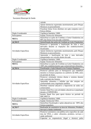 Secretaria Municipal de Saúde
35
ADAB
Apurar denúncias registradas anonimamente, pelo Disque
Denúncia ou pessoalmente
Fiscalizar feiras livres distritais em ação conjunta com a
Polícia Militar
Órgão Coordenador Vigilância Sanitária / SMS
Participantes Equipe Técnica de Alimentos
META
Intensificar as ações de Combate a Carne Clandestina em
80% das feiras livres da sede e distritos
AÇÃO 5 Intensificação das ações de Combate ao Leite Clandestino
Atividades Específicas
Promover a apreensão e inutilização do leite e seus
derivados durante as inspeções dos estabelecimentos
fiscalizados
Apurar denúncias registradas anonimamente, pelo Disque
Denúncia ou pessoalmente;
Apreensão e Inutilização do leite e seus derivados
transportados em veículos dentro da sede
Órgão Coordenador Vigilância Sanitária / SMS
Participantes Equipe Técnica de Alimentos
META Intensificar as ações de Combate ao Leite Clandestino em
100% dos estabelecimentos que comercializam alimentos
AÇÃO 6 Fiscalização e Ação Educativa nos Festejos Populares
Atividades Específicas
Promover palestra para os barraqueiros que trabalham
durantes os festejos populares no auditório da SMS, antes
do período de festas
Promover orientação técnica diurna e noturna durante
todo o período dos festejos
Apreender alimentos e bebidas que não estejam em
conformidade com a legislação sanitária
Distribuir material educativo e hipoclorito de sódio aos
comerciantes
Instalar Stand fixo com atividades educativas à população
durante a EXPOFEIRA
Instalar Stand fixo para apoio técnico no período da
MICARETA
Órgão Coordenador Vigilância Sanitária / SMS
Participantes Equipe Técnica da VISA
META
Intensificar fiscalização e ações educativas em 100% dos
festejos populares
AÇÃO 7 Realização de seminários na área de Alimentos, Produtos,
Serviços e Saúde Ambiental
Atividades Específicas
Promover seminários com público alvo específico de cada
área da VISA, a saber: alimentos, produtos, serviços e
saúde ambiental
Capacitar os responsáveis (legal e técnico) pelos
 