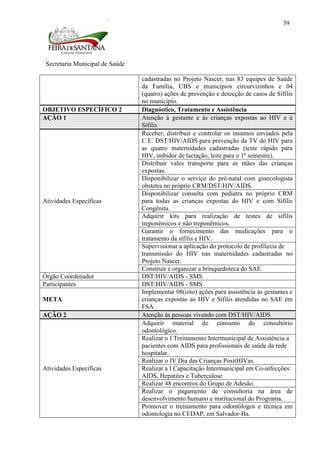 Secretaria Municipal de Saúde
39
cadastradas no Projeto Nascer, nas 83 equipes de Saúde
da Família, UBS e municípios circurvizinhos e 04
(quatro) ações de prevenção e detecção de casos de Sífilis
no município.
OBJETIVO ESPECÍFICO 2 Diagnóstico, Tratamento e Assistência
AÇÃO 1 Atenção à gestante e às crianças expostas ao HIV e à
Sífilis
Atividades Específicas
Receber, distribuir e controlar os insumos enviados pela
C.E. DST/HIV/AIDS para prevenção da TV do HIV para
as quatro maternidades cadastradas (teste rápido para
HIV, inibidor de lactação, leite para o 1º semestre).
Distribuir vales transporte para as mães das crianças
expostas.
Disponibilizar o serviço do pré-natal com ginecologista
obstetra no próprio CRM/DST/HIV/AIDS.
Disponibilizar consulta com pediatra no próprio CRM
para todas as crianças expostas do HIV e com Sífilis
Congênita.
Adquirir kits para realização de testes de sífilis
treponêmicos e não treponêmicos.
Garantir o fornecimento das medicações para o
tratamento da sífilis e HIV.
Supervisionar a aplicação do protocolo de profilaxia de
transmissão do HIV nas maternidades cadastradas no
Projeto Nascer.
Construir e organizar a brinquedoteca do SAE.
Órgão Coordenador DST/HIV/AIDS - SMS
Participantes DST/HIV/AIDS - SMS
META
Implementar 08(oito) ações para assistência às gestantes e
crianças expostas ao HIV e Sífilis atendidas no SAE em
FSA
AÇÃO 2 Atenção às pessoas vivendo com DST/HIV/AIDS
Atividades Específicas
Adquirir material de consumo do consultório
odontológico.
Realizar o I Treinamento Intermunicipal de Assistência a
pacientes com AIDS para profissionais de saúde da rede
hospitalar.
Realizar o IV Dia das Crianças PositHIVas.
Realizar a I Capacitação Intermunicipal em Co-infecções:
AIDS, Hepatites e Tuberculose
Realizar 48 encontros do Grupo de Adesão.
Realizar o pagamento de consultoria na área de
desenvolvimento humano e institucional do Programa.
Promover o treinamento para odontólogos e técnica em
odontologia no CEDAP, em Salvador-Ba.
 