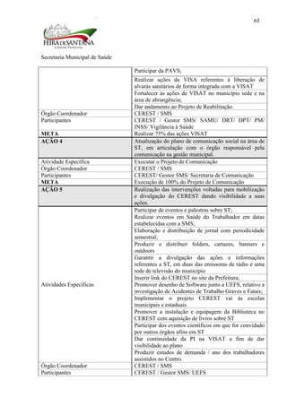 Secretaria Municipal de Saúde
65
Participar da PAVS;
Realizar ações da VISA referentes à liberação de
alvarás sanitários de forma integrada com a VISAT
Fortalecer as ações de VISAT no município sede e na
área de abrangência;
Dar andamento ao Projeto de Reabilitação.
Órgão Coordenador CEREST / SMS
Participantes CEREST / Gestor SMS/ SAMU/ DRT/ DPT/ PM/
INSS/ Vigilância à Saúde
META Realizar 75% das ações VISAT
AÇÃO 4 Atualização do plano de comunicação social na área de
ST, em articulação com o órgão responsável pela
comunicação na gestão municipal.
Atividade Específica Executar o Projeto de Comunicação
Órgão Coordenador CEREST / SMS
Participantes CEREST/ Gestor SMS/ Secretaria de Comunicação
META Execução de 100% do Projeto de Comunicação
AÇÃO 5 Realização das intervenções voltadas para mobilização
e divulgação do CEREST dando visibilidade a suas
ações.
Atividades Específicas
Participar de eventos e palestras sobre ST;
Realizar eventos em Saúde do Trabalhador em datas
estabelecidas com a SMS;
Elaboração e distribuição de jornal com periodicidade
semestral;
Produzir e distribuir folders, cartazes, banners e
outdoors
Garantir a divulgação das ações e informações
referentes a ST, em duas das emissoras de rádio e uma
rede de televisão do município
Inserir link do CEREST no site da Prefeitura;
Promover desenho de Software junto a UEFS, relativo a
investigação de Acidentes de Trabalho Graves e Fatais;
Implementar o projeto CEREST vai às escolas
municipais e estaduais.
Promover a instalação e equipagem da Biblioteca no
CEREST com aquisição de livros sobre ST
Participar dos eventos científicos em que for convidado
por outros órgãos afins em ST
Dar continuidade da PI na VISAT a fim de dar
visibilidade ao plano
Produzir estudos de demanda / ano dos trabalhadores
assistidos no Centro.
Órgão Coordenador CEREST / SMS
Participantes CEREST / Gestor SMS/ UEFS
 