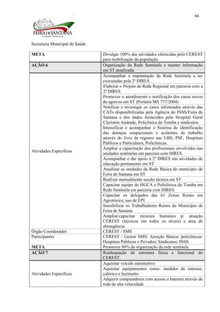 Secretaria Municipal de Saúde
66
META Divulgar 100% das atividades oferecidas pelo CEREST
para mobilização da população
AÇÃO 6 Organização da Rede Sentinela e manter informação
em ST atualizada.
Atividades Específicas
Acompanhar a implantação da Rede Sentinela a ser
executadas pela 2ª DIRES
Elaborar o Projeto de Rede Regional em parceria com a
2ª DIRES
Promover o atendimento e notificação dos casos novos
de agravos em ST (Portaria MS 777/2004)
Notificar e investigar os casos informados através das
CATs disponibilizadas pela Agência do INSS/Feira de
Santana e dos dados fornecidos pelo Hospital Geral
Cleriston Andrade, Policlínica do Tomba e sindicatos.
Intensificar e acompanhar o Sistema de identificação
das doenças ocupacionais e acidentes de trabalho
através do livro de registro nas UBS, PSF, Hospitais
Públicos e Particulares, Policlínicas.
Ampliar a capacitação dos profissionais envolvidos nas
unidades sentinelas em parceira com DIRES.
Acompanhar e dar apoio à 2º DIRES nas atividades de
educação permanente em ST
Atualizar as unidades da Rede Básica do município de
Feira de Santana em ST
Realizar mensalmente sessão técnica em ST
Capacitar equipe do HGCA e Policlínica do Tomba em
Rede Sentinela em parceria com DIRES
Capacitar os delegados das 61 Zonas Rurais em
Agrotóxico, uso de EPI
Sensibilizar os Trabalhadores Rurais do Município de
Feira de Santana
Ampliar/capacitar recursos humanos p/ atuação
CEREST (técnicos em todos os níveis) e área de
abrangência.
Órgão Coordenador CEREST / SMS
Participantes CEREST / Gestor SMS/ Atenção Básica/ policlínicas/
Hospitais Públicos e Privados/ Sindicatos/ INSS
META Promover 80% da organização da rede sentinela
AÇÃO 7 Readequação da estrutura física e funcional do
CEREST.
Atividades Específicas
Aquisitar veículo automotivo
Aquisitar equipamentos como: medidor de estresse,
calórico e luxímetro
Adquirir computadores com acesso a Internet através de
rede de alta velocidade
 