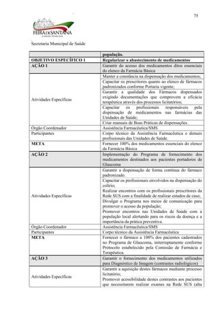 Secretaria Municipal de Saúde
75
população.
OBJETIVO ESPECÍFICO 1 Regularizar o abastecimento de medicamentos
AÇÃO 1 Garantir do acesso dos medicamentos ditos essenciais
do elenco da Farmácia Básica
Atividades Específicas
Manter a constância na dispensação dos medicamentos;
Capacitar os prescritores quanto ao elenco de fármacos
padronizados conforme Portaria vigente;
Garantir a qualidade dos Fármacos dispensados
exigindo documentações que comprovem a eficácia
terapêutica através dos processos licitatórios;
Capacitar os profissionais responsáveis pela
dispensação de medicamentos nas farmácias das
Unidades de Saúde;
Criar manuais de Boas Práticas de dispensações.
Órgão Coordenador Assistência Farmacêutica/SMS
Participantes Corpo técnico da Assistência Farmacêutica e demais
profissionais das Unidades de Saúde.
META Fornecer 100% dos medicamentos essenciais do elenco
da Farmácia Básica
AÇÃO 2 Implementação do Programa de fornecimento dos
medicamentos destinados aos pacientes portadores de
Glaucoma
Atividades Específicas
Garantir a dispensação de forma contínua do fármaco
padronizado.
Capacitar os profissionais envolvidos na dispensação do
colírio;
Realizar encontros com os profissionais prescritores da
Rede SUS com a finalidade de realizar estudos de caso;
Divulgar o Programa nos meios de comunicação para
promover o acesso da população;
Promover encontros nas Unidades de Saúde com a
população local alertando para os riscos da doença e a
importância da prática preventiva.
Órgão Coordenador Assistência Farmacêutica/SMS
Participantes Corpo técnico da Assistência Farmacêutica
META Fornecer o fármaco a 100% dos pacientes cadastrados
no Programa de Glaucoma, initerruptamente conforme
Protocolo estabelecido pela Comissão de Farmácia e
Terapêutica.
AÇÃO 3 Garantir o fornecimento dos medicamentos utilizados
para Diagnóstico de Imagem (contrastes radiológicos)
Atividades Específicas
Garantir a aquisição destes fármacos mediante processo
licitatório;
Promover acessibilidade destes contrastes aos pacientes
que necessitarem realizar exames na Rede SUS (alta
 