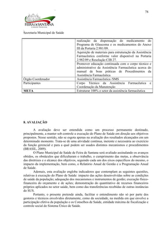 Secretaria Municipal de Saúde
78
realização da dispensação do medicamento do
Programa de Glaucoma e os medicamentos do Anexo
III da Portaria 2.981/09.
Aquisição de materiais para estruturação da Assistência
Farmacêutica conforme valor disponível na Portaria
2.982/09 e Resolução CIB 27.
Promover educação continuada com o corpo técnico e
administrativo da Assistência Farmacêutica acerca do
manual de boas práticas de Procedimentos da
Assistência Farmacêutica
Órgão Coordenador Assistência Farmacêutica /SMS
Participantes Corpo Técnico da Assistência Farmacêutica e
Coordenação da Manutenção
META Estruturar 100% o setor da assistência farmacêutica
8. AVALIAÇÃO
A avaliação deve ser entendida como um processo permanente destinado,
principalmente, a manter sob controle a execução do Plano de Saúde em direção aos objetivos
propostos. Nesse sentido, não se esgota apenas na avaliação dos resultados alcançados em um
determinado momento. Trata-se de uma atividade contínua, inerente e necessária ao exercício
da função gerencial e para a qual podem ser usados distintos mecanismos e procedimentos
(BRASIL, 2009).
O Plano Municipal de Saúde de Feira de Santana será avaliado assinalando os avanços
obtidos, os obstáculos que dificultaram o trabalho, o cumprimento das metas, a observância
das diretrizes e o alcance dos objetivos, seguindo cada um dos eixos específicos do mesmo, o
impacto da implementação, bem como, o Relatório Anual de Gestão e a Programação Anual
de Saúde.
Ademais, esta avaliação engloba indicadores que contemplam as seguintes questões,
relativas à execução do Plano de Saúde: impacto das ações desenvolvidas sobre as condições
de saúde da população; adequação dos mecanismos e instrumentos de gestão; execução físico-
financeira do orçamento e de ações; demonstração do quantitativo de recursos financeiros
próprios aplicados no setor saúde, bem como das transferências recebidas de outras instâncias
do SUS.
Portanto, o presente pretende ainda, facilitar o entendimento não só por parte dos
gestores e técnicos envolvidos diretamente, como da sociedade, na medida em que envolve a
participação efetiva da população e os Conselhos de Saúde, entidade máxima de fiscalização e
controle social do Sistema Único de Saúde.
 