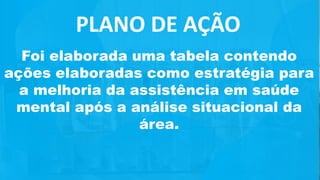 Foi elaborada uma tabela contendo
ações elaboradas como estratégia para
a melhoria da assistência em saúde
mental após a análise situacional da
área.
PLANO DE AÇÃO
 