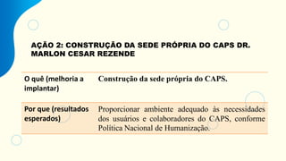 AÇÃO 2: CONSTRUÇÃO DA SEDE PRÓPRIA DO CAPS DR.
MARLON CESAR REZENDE
O quê (melhoria a
implantar)
Construção da sede própria do CAPS.
Por que (resultados
esperados)
Proporcionar ambiente adequado às necessidades
dos usuários e colaboradores do CAPS, conforme
Política Nacional de Humanização.
 