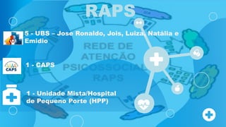 1 - CAPS
1 - Unidade Mista/Hospital
de Pequeno Porte (HPP)
RAPS
5 - UBS – Jose Ronaldo, Jois, Luiza, Natália e
Emidio
 