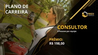 PLANO DE
CARREIRA
PRÊMIO:
R$ 198,00
CONSULTOR
4 Pessoas por equipe
 