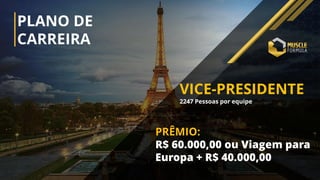 PLANO DE
CARREIRA
VICE-PRESIDENTE
2247 Pessoas por equipe
PRÊMIO:
R$ 60.000,00 ou Viagem para
Europa + R$ 40.000,00
 