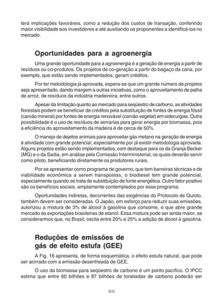 terá implicações favoráreis, como a redução dos custos de transação, conferindo 
maior visibilidade aos investidores e até auxiliando os proponentes a identificá-los no 
mercado. 
Oportunidades para a agroenergia 
Uma grande oportunidade para a agroenergia é a geração de energia a partir de 
resíduos ou co-produtos. Os projetos de co-geração a partir do bagaço da cana, por 
exemplo, que estão sendo implementados, geram créditos. 
Por ter metodologia já aprovada, espera-se que um grande número de projetos 
seja apresentado, dando margem a outras iniciativas, como o aproveitamento de palha 
de arroz, de resíduos da indústria madeireira, entre outros. 
Apesar da limitação quanto ao mercado para seqüestro de carbono, as atividades 
florestais podem se beneficiar de créditos pela substituição de fontes de energia fóssil 
(carvão mineral) por fontes de energia renovável (carvão vegetal) em siderurgias. Outra 
possibilidade é o uso de resíduos de serrarias para gerar energia por biomassa, pois 
a eficiência do aproveitamento da madeira é de cerca de 50%. 
O manejo de dejetos animais para aproveitar gás metano na geração de energia 
é atividade com grande potencial, especialmente por já existir metodologia aprovada. 
Alguns projetos estão sendo implementados, com destaque para os da Granja Becker 
(MG) e o da Sadia, em análise pela Comissão Interministerial, os quais deverão servir 
como piloto, beneficiando diretamente os produtores rurais. 
Por se apresentar como programa de governo, que tem barreiras técnicas e de 
viabilidade econômica a serem transpostas, o biodiesel tem grande potencial, 
especialmente quando se trata de substituição de fonte energética. Outro fator positivo 
são os benefícios sociais, amplamente contemplados por esse programa. 
Oportunidades indiretas, decorrentes das exigências do Protocolo de Quioto, 
também devem ser consideradas. O Japão, em esforço para reduzir suas emissões, 
autorizou a mistura de 3% de álcool à gasolina que consome, o que abre grande 
mercado às exportações brasileiras de etanol. Essa mistura pode ser ainda maior, se 
considerarmos que, no Brasil, oscila entre 20% e 25% a adição de álcool à gasolina. 
Reduções de emissões de 
gás de efeito estufa (GEE) 
A Fig. 16 apresenta, de forma esquemática, o efeito estufa natural, que pode 
ser acirrado com a emissão desenfreada de GEE. 
O uso da biomassa para seqüestro de carbono é um ponto pacífico. O IPCC 
estima que entre 60 bilhões e 87 bilhões de toneladas de carbono poderão ser 
101 
 