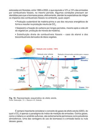 estocadas em florestas, entre 1990 e 2050, o que equivale a 12% a 15% das emissões 
por combustíveis fósseis, no mesmo período. Algumas condições precisam ser 
atendidas para que a biomassa possa, efetivamente, atender às expectativas de mitigar 
os impactos dos combustíveis fósseis no ambiente, quais sejam: 
• Produção sustentável de matéria-prima e uso dos recursos energéticos de 
forma a resultar na produção neutra de CO2. 
• Seqüestro e fixação do carbono por longos períodos, mesmo após a vida útil 
do vegetal (ex. produção de móveis de madeira). 
• Substituição direta de combustíveis fósseis – caso do etanol e dos 
biocombustíveis derivados de óleos vegetais. 
Fig. 16. Representação esquemática do efeito estufa. 
Fonte: Elaboração D. L. Gazzoni e D. Estevão. 
É sempre importante considerar o conceito de gases de efeito estufa (GEE), do 
qual o CO2 é apenas o paradigma do índice de medição de emissões. Outros gases, 
como o metano e o anidrido sulfuroso, são extremamente perniciosos como poluidores 
atmosféricos. Uma das vantagens do uso de biomassa é a emissão baixa ou nula 
desses gases. 
102 
 