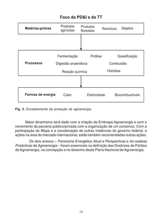 Fig. 2. Encadeamento da produção de agroenergia. 
Maior dinamismo será dado com a criação da Embrapa Agroenergia e com o 
incremento da parceria público/privada com a organização de um consórcio. Com a 
participação do Mapa e a coordenação de outras instâncias do governo federal, e 
ações na área do mercado internacional, estão também recomendadas outras ações. 
Os dois anexos – Panorama Energético Atual e Perspectivas e As cadeias 
Produtivas da Agroenergia – foram essenciais na definição das Diretrizes de Política 
de Agroenergia, na concepção e no desenho deste Plano Nacional de Agroenergia. 
14 
 
