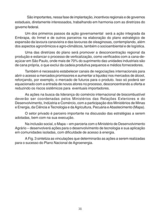 São importantes, nessa fase de implantação, incentivos regionais e de governos 
estaduais, diretamente interessados, trabalhando em harmonia com as diretrizes do 
governo federal. 
Um dos primeiros passos da ação governamental será a ação integrada da 
Embrapa, do Inmet e de outros parceiros na elaboração do plano estratégico de 
expansão da lavoura canavieira e das lavouras de oleaginosas, contemplando, além 
dos aspectos agronômicos e agro-climáticos, também o socioambiental e de logística. 
Uma das diretrizes do plano será promover a desconcentração regional da 
produção e estancar o processo de verticalização, como verificados com a cana-de-açúcar 
em São Paulo, onde mais de 70% do suprimento das unidades industriais são 
de cana própria, o que exclui da cadeia produtiva pequenos e médios fornecedores. 
Também é necessário estabelecer canais de negociações internacionais para 
abrir o acesso a mercados promissores e aumentar a liquidez nos mercados de álcool, 
reforçando, por exemplo, o mercado de futuros para o produto. Isso só poderá ser 
equacionado com a entrada de novos atores no processo, desconcentrando a oferta e 
reduzindo os riscos sistêmicos para eventuais importadores. 
As ações na busca da liderança do comércio internacional de biocombustível 
deverão ser coordenadas pelos Ministérios das Relações Exteriores e do 
Desenvolvimento, Indústria e Comércio, com a participação dos Ministérios de Minas 
e Energia, da Ciência e Tecnologia e da Agricultura, Pecuária e Abastecimento (Mapa). 
O setor privado é parceiro importante na discussão das estratégias a serem 
38 
adotadas, bem com na sua execução. 
Na inclusão social, o Mapa – em parceria com o Ministério de Desenvolvimento 
Agrário – desenvolverá ações para o desenvolvimento de tecnologia e sua aplicação 
em comunidades isoladas, com dificuldade de acesso à energia. 
A Fig. 3 sintetiza as vinculações que determinarão as ações a serem realizadas 
para o sucesso do Plano Nacional de Agroenergia. 
 